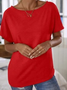 EMERY ROSE Women's Summer Solid Color Batwing Short Sleeve Asymmetrical Neckline Casual T-Shirt For New Year Clothes - Red - View 5