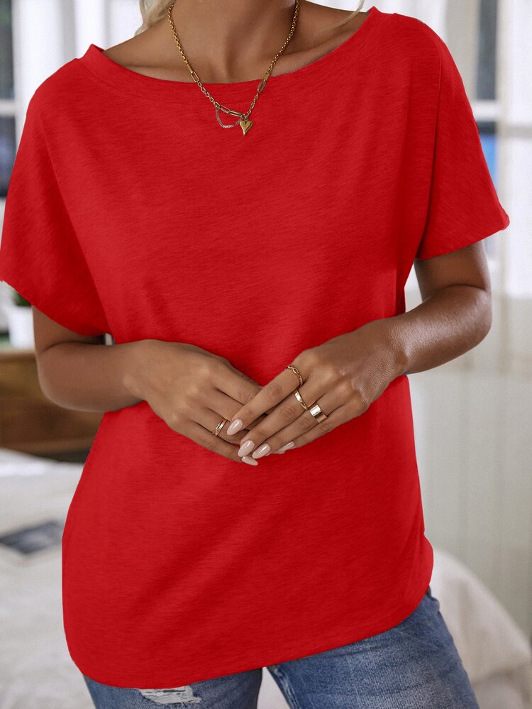 EMERY ROSE Women's Summer Solid Color Batwing Short Sleeve Asymmetrical Neckline Casual T-Shirt For New Year Clothes - Red - View 5