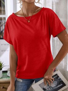 EMERY ROSE Women's Summer Solid Color Batwing Short Sleeve Asymmetrical Neckline Casual T-Shirt For New Year Clothes - Red - View 6