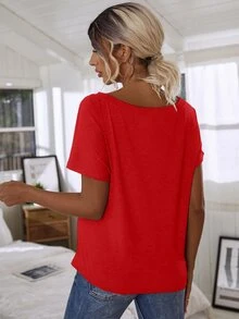 EMERY ROSE Women's Summer Solid Color Batwing Short Sleeve Asymmetrical Neckline Casual T-Shirt For New Year Clothes - Red - View 2