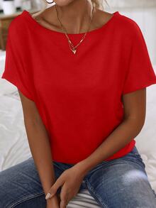 EMERY ROSE Women's Summer Solid Color Batwing Short Sleeve Asymmetrical Neckline Casual T-Shirt For New Year Clothes - Red - View 4