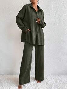 EMERY ROSE Drop Shoulder Shirt & Wide Leg Trousers - Army Green - View 3