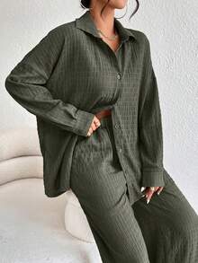 EMERY ROSE Drop Shoulder Shirt & Wide Leg Trousers - Army Green - View 6
