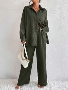 EMERY ROSE Drop Shoulder Shirt & Wide Leg Trousers - Army Green - View 5