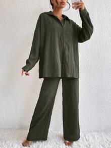 EMERY ROSE Drop Shoulder Shirt & Wide Leg Trousers - Army Green - View 7