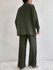 EMERY ROSE Drop Shoulder Shirt & Wide Leg Trousers - Army Green - View 2