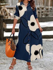 EMERY ROSE Women Long Sleeve Button Front Printed Mid-Length Casual Dress, Random Print Maxi Women Outfit Fall Cloth For Women - Navy Blue - View 4