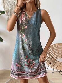 EMERY ROSE Women's Floral Printed Notched V-Neck Sleeveless Dress - Green - View 6