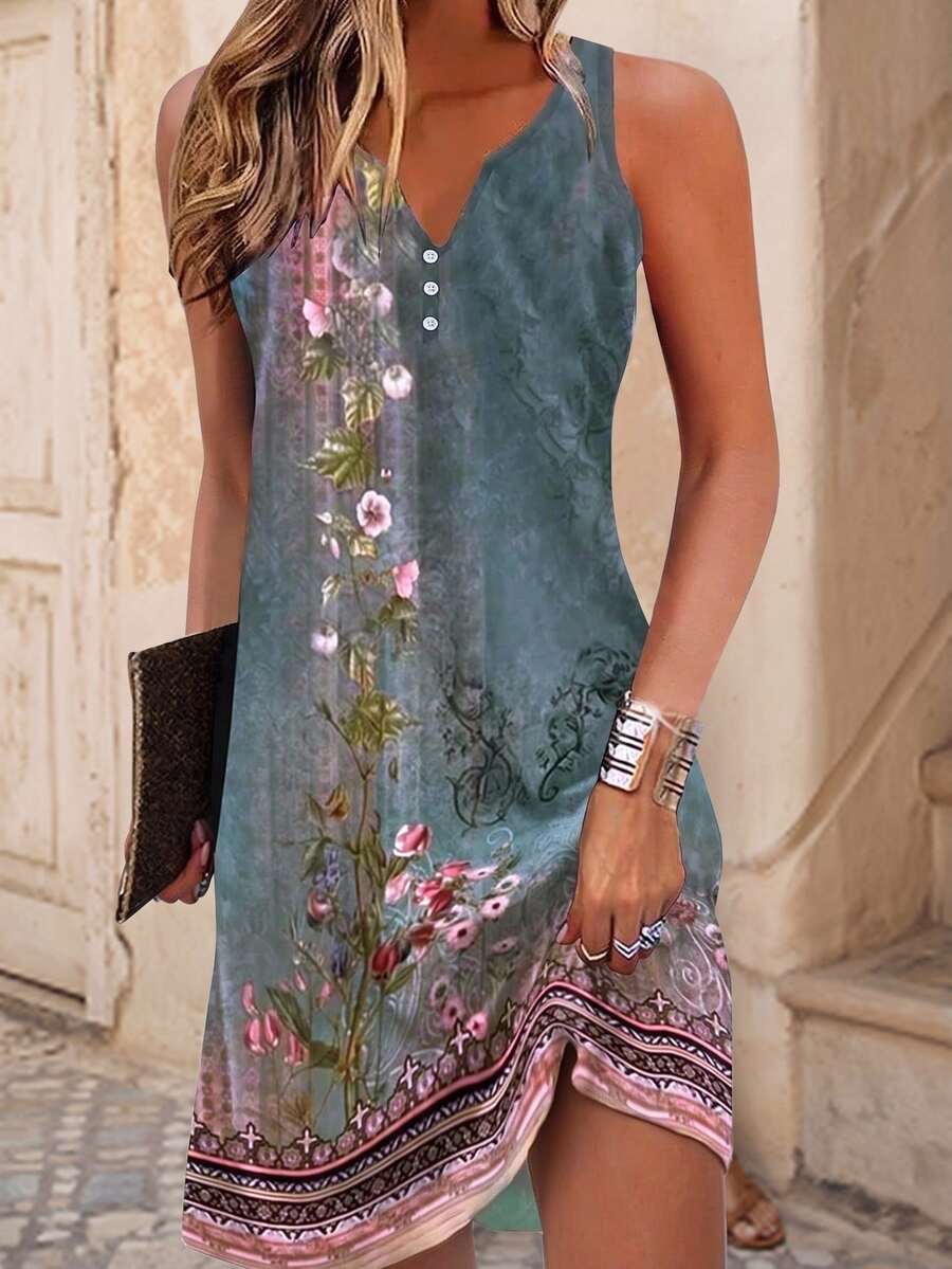 EMERY ROSE Women's Floral Printed Notched V-Neck Sleeveless Dress - Green - View 1