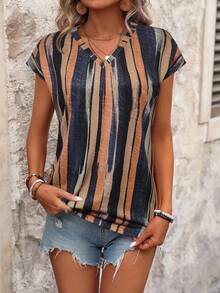 EMERY ROSE Women Fashionable Short-Sleeved T-Shirt With Colorful Stripes Print Graphic Tees Women Tops - Multicolor - View 6