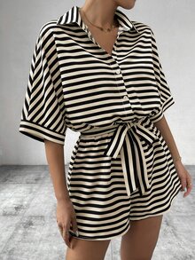 EMERY ROSE Striped Batwing Sleeve Women's Front Button Casual Jumpsuit For Summer - Multicolor - View 6