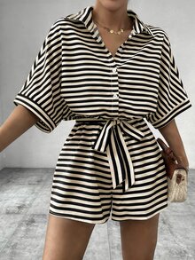EMERY ROSE Striped Batwing Sleeve Women's Front Button Casual Jumpsuit For Summer - Multicolor - View 5