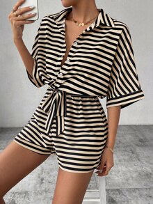 EMERY ROSE Striped Batwing Sleeve Women's Front Button Casual Jumpsuit For Summer - Multicolor - View 7