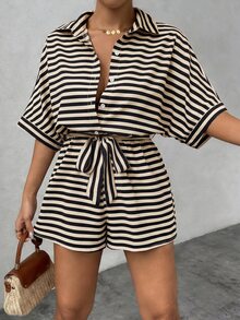 EMERY ROSE Striped Batwing Sleeve Women's Front Button Casual Jumpsuit For Summer - Multicolor - View 3