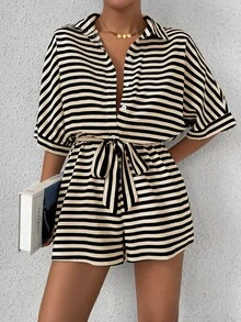 EMERY ROSE Striped Batwing Sleeve Women's Front Button Casual Jumpsuit For Summer - Multicolor - View 4