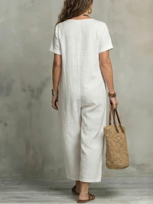 EMERY ROSE White Loose Cotton Textured Comfortable Jumpsuit For Women, High Waist Slimming Casual Commuter Jumpsuit With Pockets, Straight Leg - White - View 2