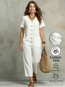 EMERY ROSE White Loose Cotton Textured Comfortable Jumpsuit For Women, High Waist Slimming Casual Commuter Jumpsuit With Pockets, Straight Leg - White - View 3