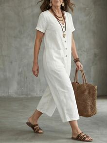 EMERY ROSE White Loose Cotton Textured Comfortable Jumpsuit For Women, High Waist Slimming Casual Commuter Jumpsuit With Pockets, Straight Leg - White - View 4