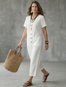 EMERY ROSE White Loose Cotton Textured Comfortable Jumpsuit For Women, High Waist Slimming Casual Commuter Jumpsuit With Pockets, Straight Leg - White - View 6