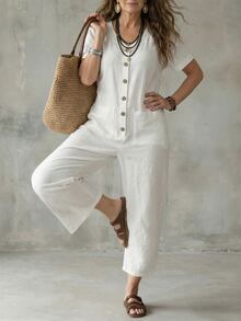 EMERY ROSE White Loose Cotton Textured Comfortable Jumpsuit For Women, High Waist Slimming Casual Commuter Jumpsuit With Pockets, Straight Leg - White - View 5