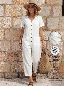 EMERY ROSE White Loose Cotton Textured Comfortable Jumpsuit For Women, High Waist Slimming Casual Commuter Jumpsuit With Pockets, Straight Leg - White - View 1
