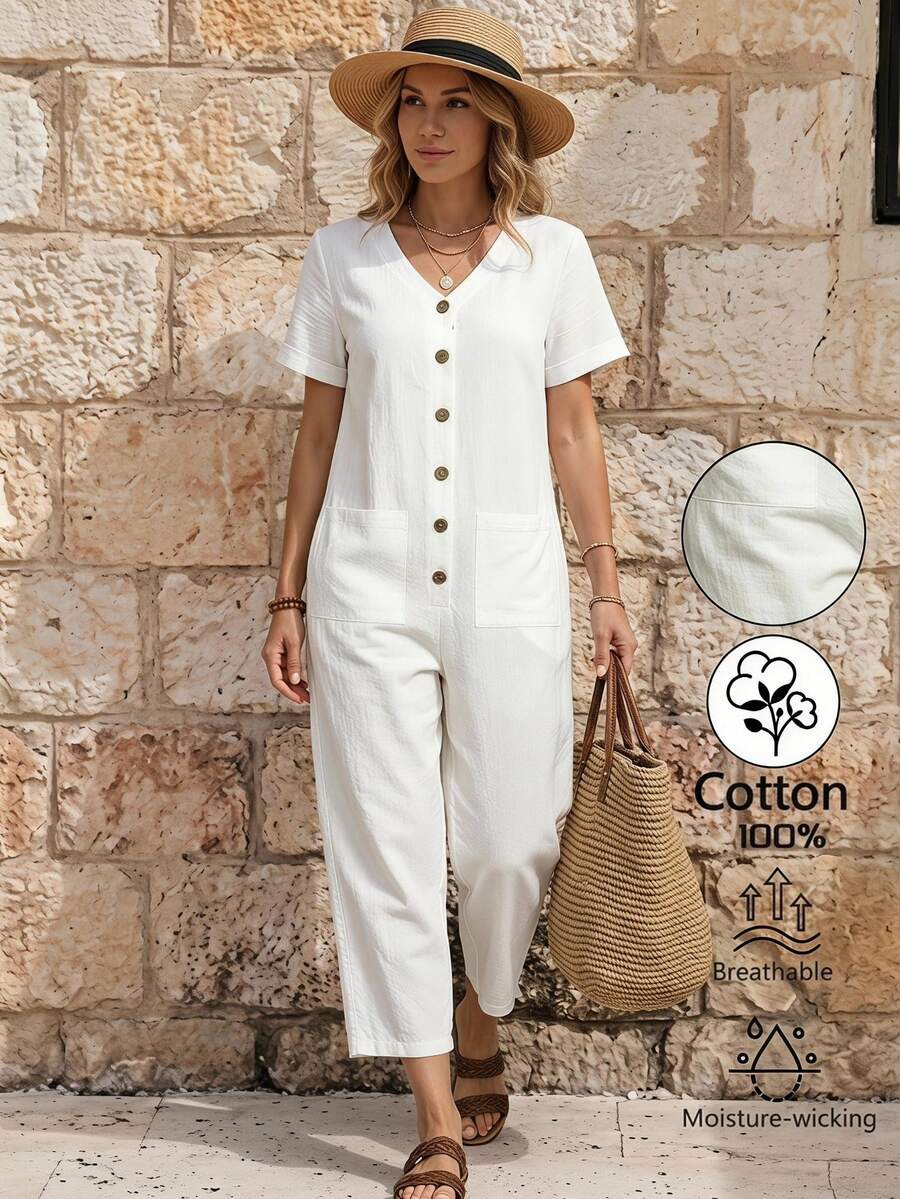 EMERY ROSE White Loose Cotton Textured Comfortable Jumpsuit For Women, High Waist Slimming Casual Commuter Jumpsuit With Pockets, Straight Leg - White - View 1