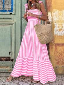 EMERY ROSE Women's Shoulder Strap Chest Gathered Striped Dress Maxi Vacation Beach Outfit - Pink - View 3