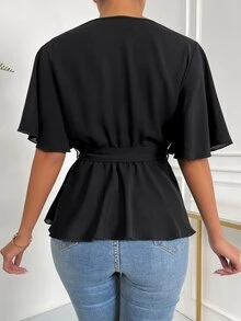 EMERY ROSE Solid Wrap Belted V-Neck Blouse Peplum Top - Black - View 3