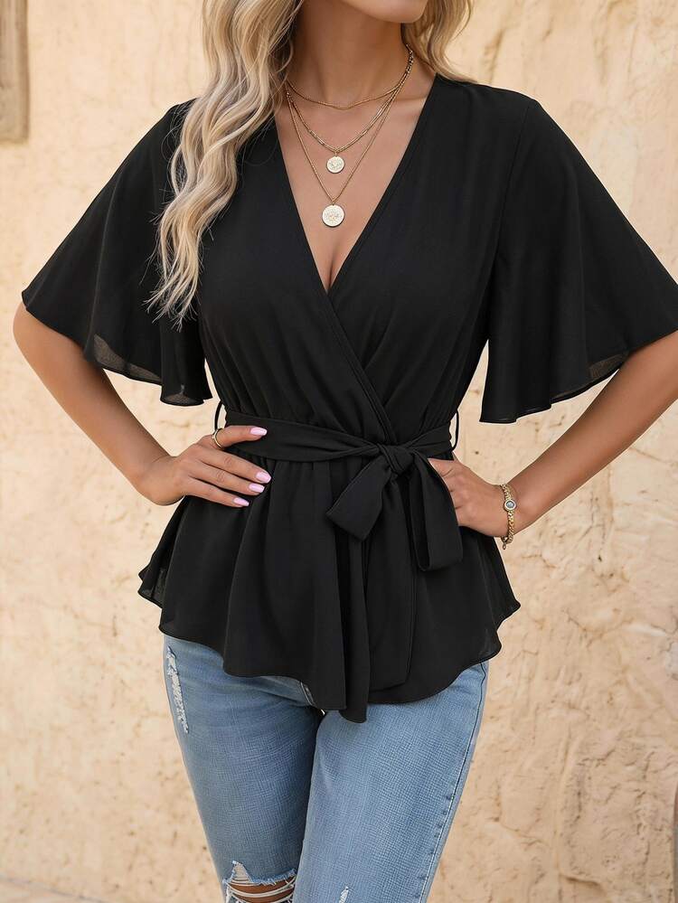 EMERY ROSE Solid Wrap Belted V-Neck Blouse Peplum Top - Black - View 1