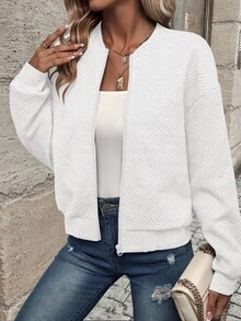 EMERY ROSE Solid Zip Up Bomber Jacket Fall Winter Cloth For Women - White - View 4