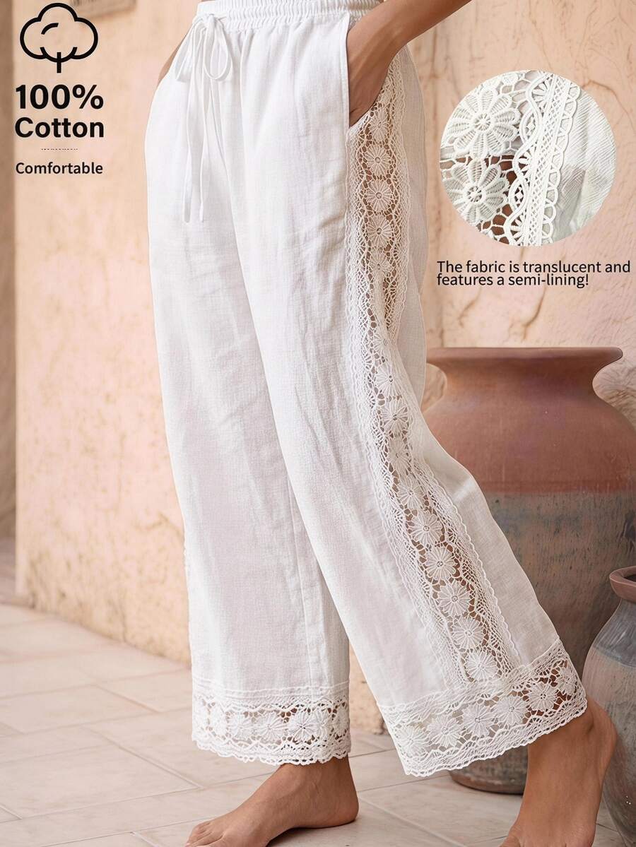 EMERY ROSE Women's Cotton Embroidered Pocket Casual Pants - White - View 1
