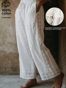 EMERY ROSE Women's Cotton Embroidered Pocket Casual Pants - White - View 3