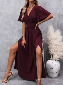 EMERY ROSE Butterfly Sleeve Ruched Waist Split Thigh Dress Maxi Women Outfit - Red Violet - View 6