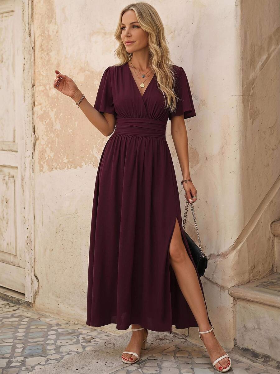 EMERY ROSE Butterfly Sleeve Ruched Waist Split Thigh Dress Maxi Women Outfit - Red Violet - View 1