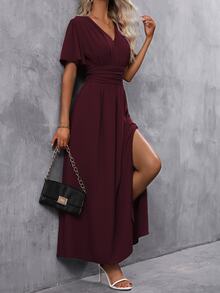 EMERY ROSE Butterfly Sleeve Ruched Waist Split Thigh Dress Maxi Women Outfit - Red Violet - View 5