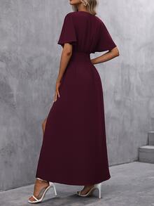 EMERY ROSE Butterfly Sleeve Ruched Waist Split Thigh Dress Maxi Women Outfit - Red Violet - View 2