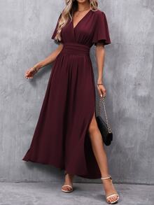EMERY ROSE Butterfly Sleeve Ruched Waist Split Thigh Dress Maxi Women Outfit - Red Violet - View 3