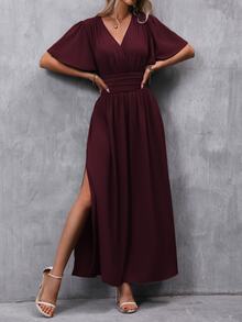EMERY ROSE Butterfly Sleeve Ruched Waist Split Thigh Dress Maxi Women Outfit - Red Violet - View 4