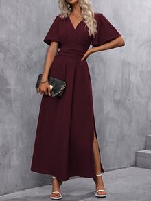 EMERY ROSE Butterfly Sleeve Ruched Waist Split Thigh Dress Maxi Women Outfit - Red Violet - View 8