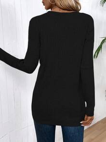 EMERY ROSE Cárdigan casual para mujer de un solo color con botones frontales para primavera y otoño - Negro - Ver 2