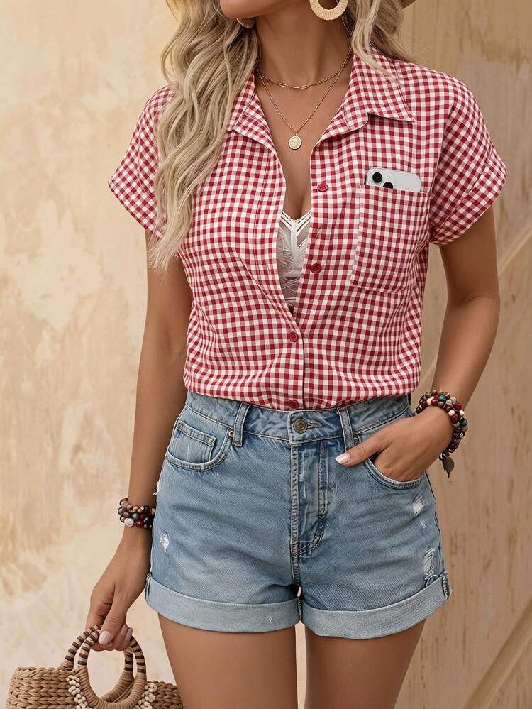EMERY ROSE Women's Short Sleeve Single-Breasted Casual 70s Plaid Pocket Shirt Oktoberfest Picnic Red And White Plaid Summer - Red - View 1