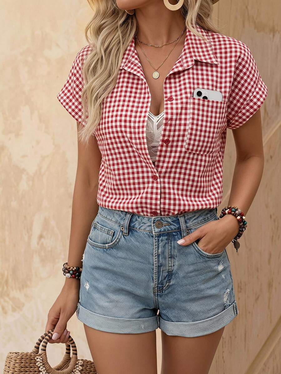 EMERY ROSE Women's Short Sleeve Single-Breasted Casual 70s Plaid Pocket Shirt Oktoberfest Picnic Red And White Plaid Summer - Red - View 1