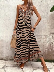 EMERY ROSE Vestido largo y suelto de mujer con estampado de leopardo, elegante para uso diario y vacaciones, verano - Caqui - Ver 9