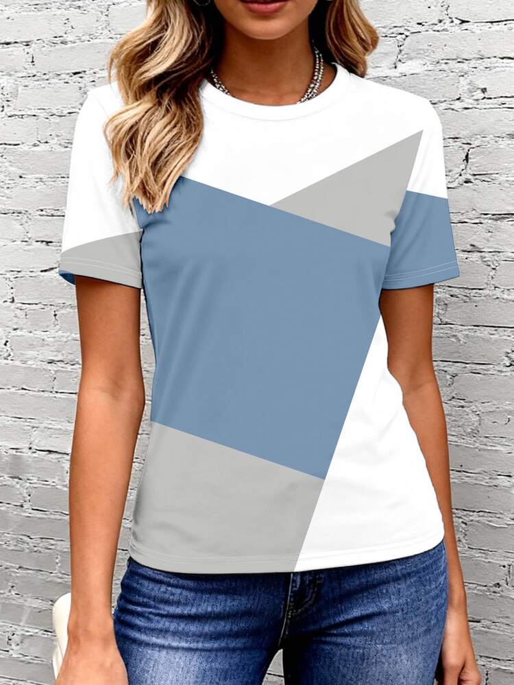 EMERY ROSE Women's Short Sleeve T-Shirt,Blue And White Stripe,Summer,Casual,Everyday Color Block Patchwork Graphic Print Top,Classic Pattern Design,Comfortable - Multicolor - View 5