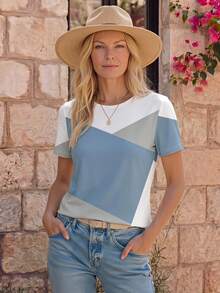 EMERY ROSE Women's Short Sleeve T-Shirt,Blue And White Stripe,Summer,Casual,Everyday Color Block Patchwork Graphic Print Top,Classic Pattern Design,Comfortable - Multicolor - View 1