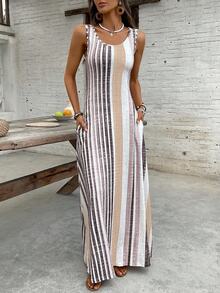 EMERY ROSE Women's Casual Summer Vacation Style Contrast Stripe Print Slit Pocket Loose Sleeveless Dress - Apricot - View 4