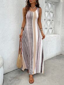 EMERY ROSE Women's Casual Summer Vacation Style Contrast Stripe Print Slit Pocket Loose Sleeveless Dress - Apricot - View 6
