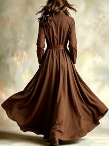SHEIN 女款休閒通勤度假洋裝，翻領設計、收腰、開衩下擺，適合日常穿著、約會與派對 - 棕色 - 查看 2