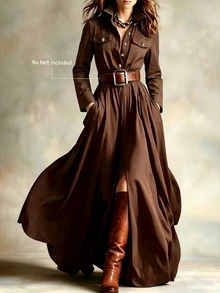 SHEIN 女款休閒通勤度假洋裝，翻領設計、收腰、開衩下擺，適合日常穿著、約會與派對 - 棕色 - 查看 4