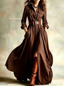 SHEIN 女款休閒通勤度假洋裝，翻領設計、收腰、開衩下擺，適合日常穿著、約會與派對 - 棕色 - 查看 3